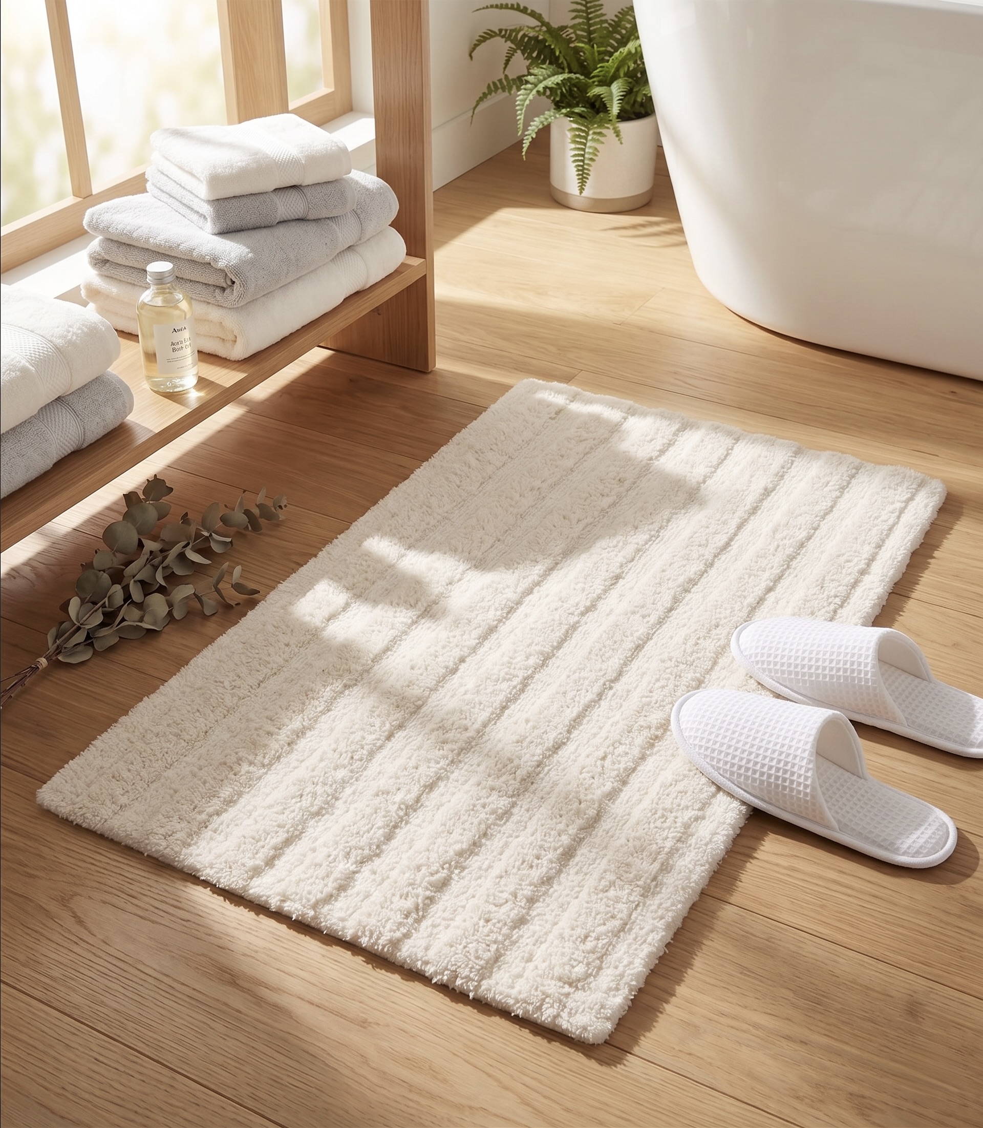 AH-BT-BM-006 Cream Ribbed Stripe Plush Bathmat