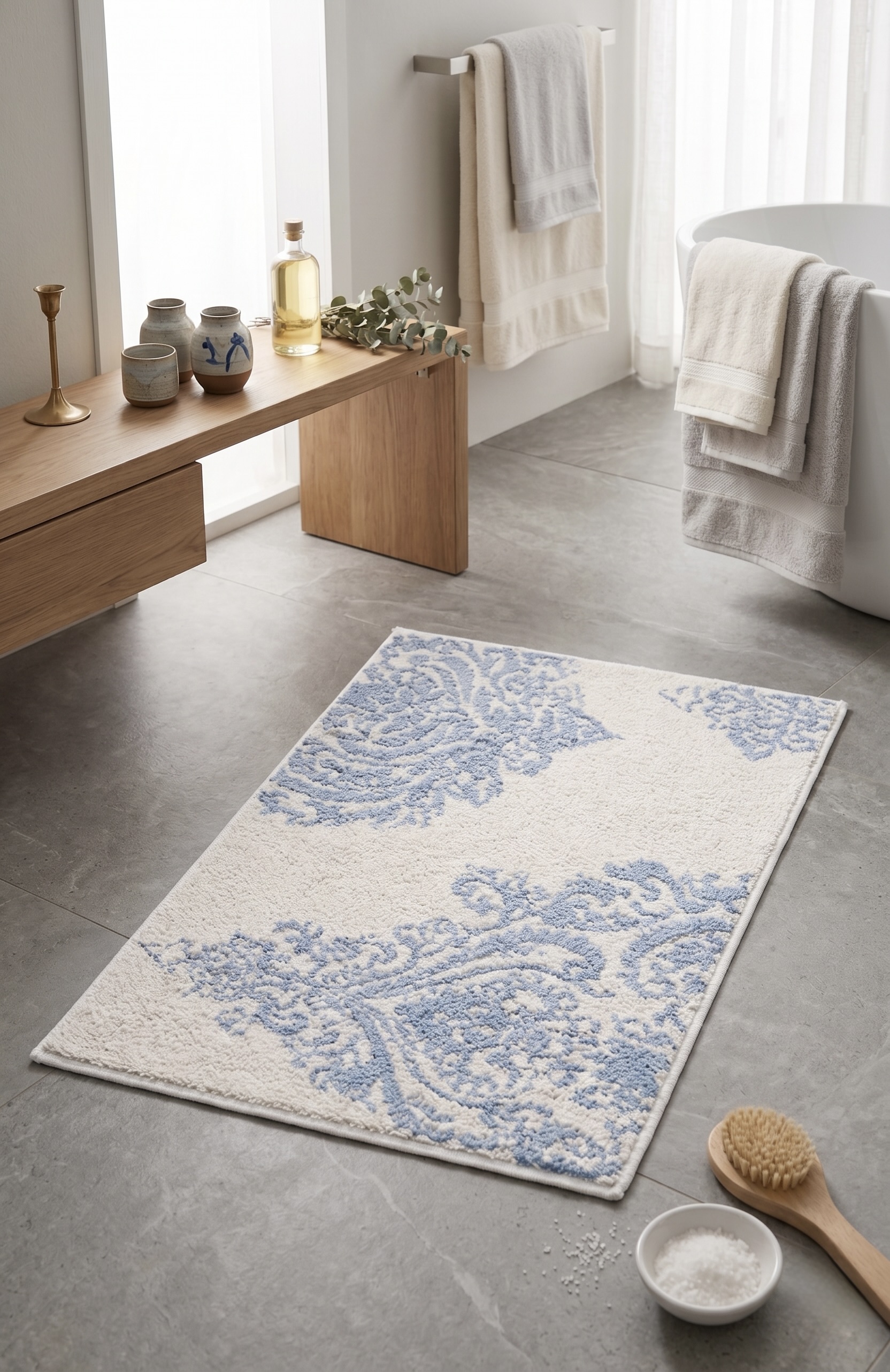 AH-BT-BM-008 White Blue Damask Tufted Bathmat