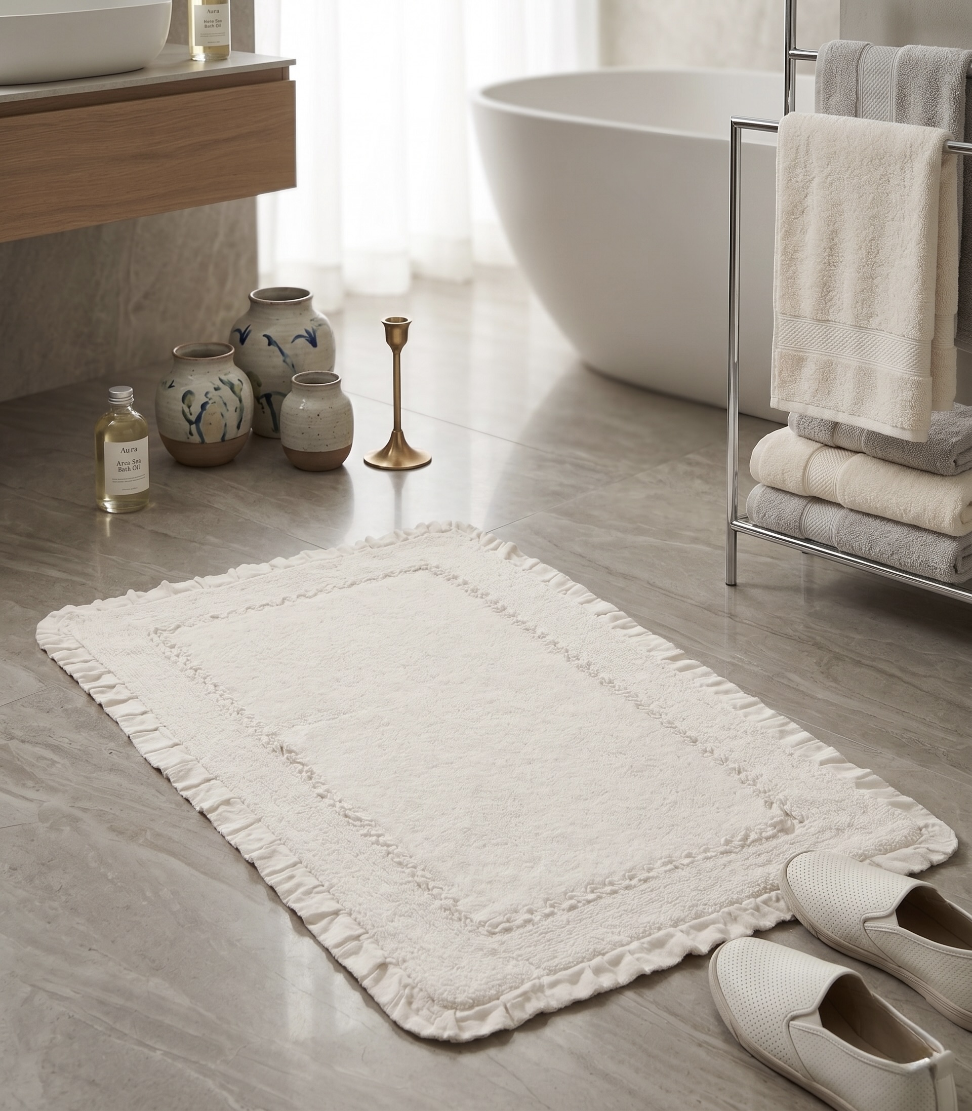 AH-BT-BM-010 Ivory Ruffle Edge Cotton Bathmat