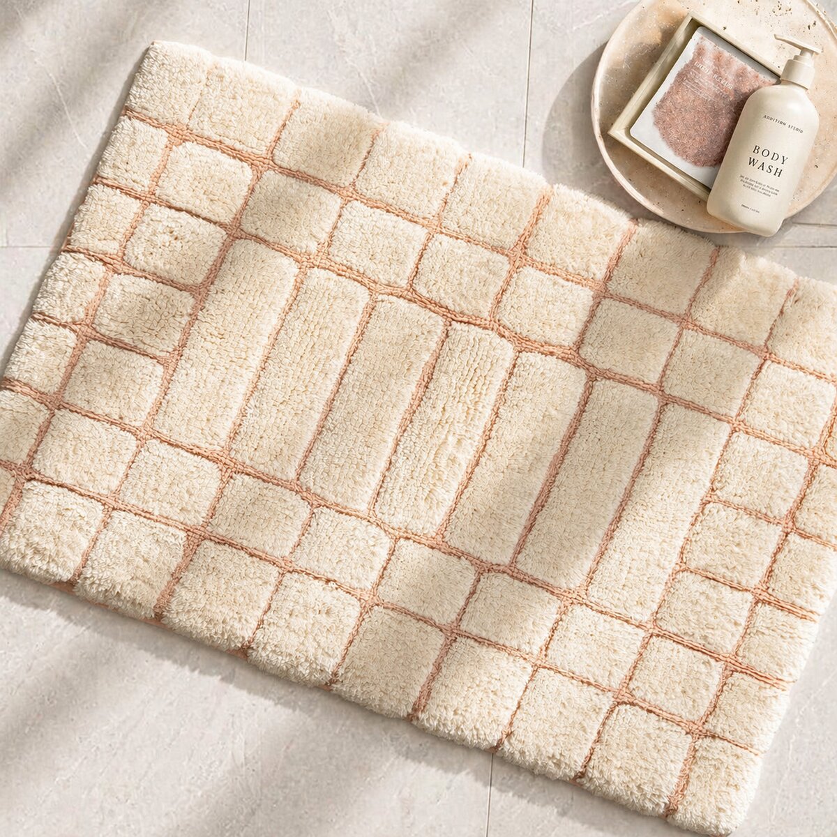 AH-BT-BM-014 Cream and Blush Brick Grid Tufted Bathmat