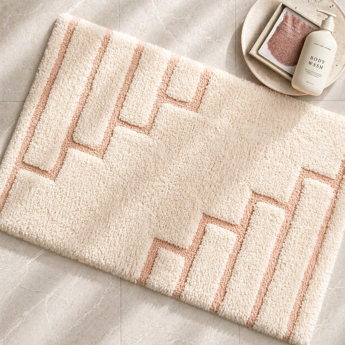 AH-BT-BM-015 Cream and Blush Geometric Lines Tufted Bathmat
