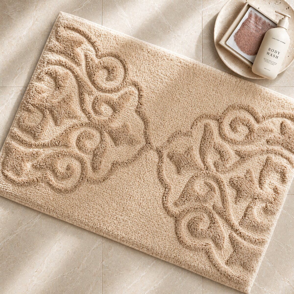 AH-BT-BM-016 Sand Damask Embossed Carved Bathmat
