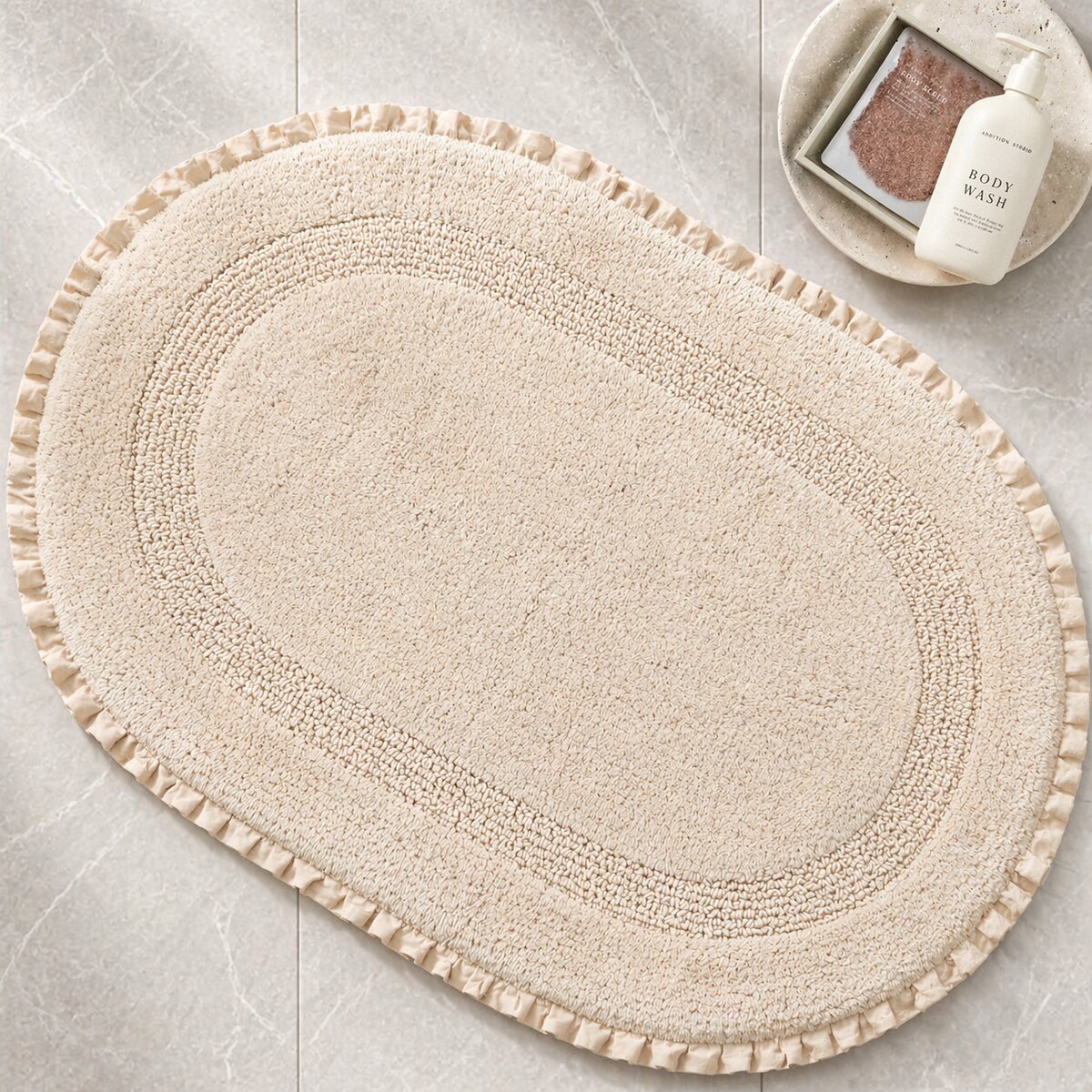 AH-BT-BM-017 Cream Oval Reversible Cotton Bathmat with Ruffle Trim