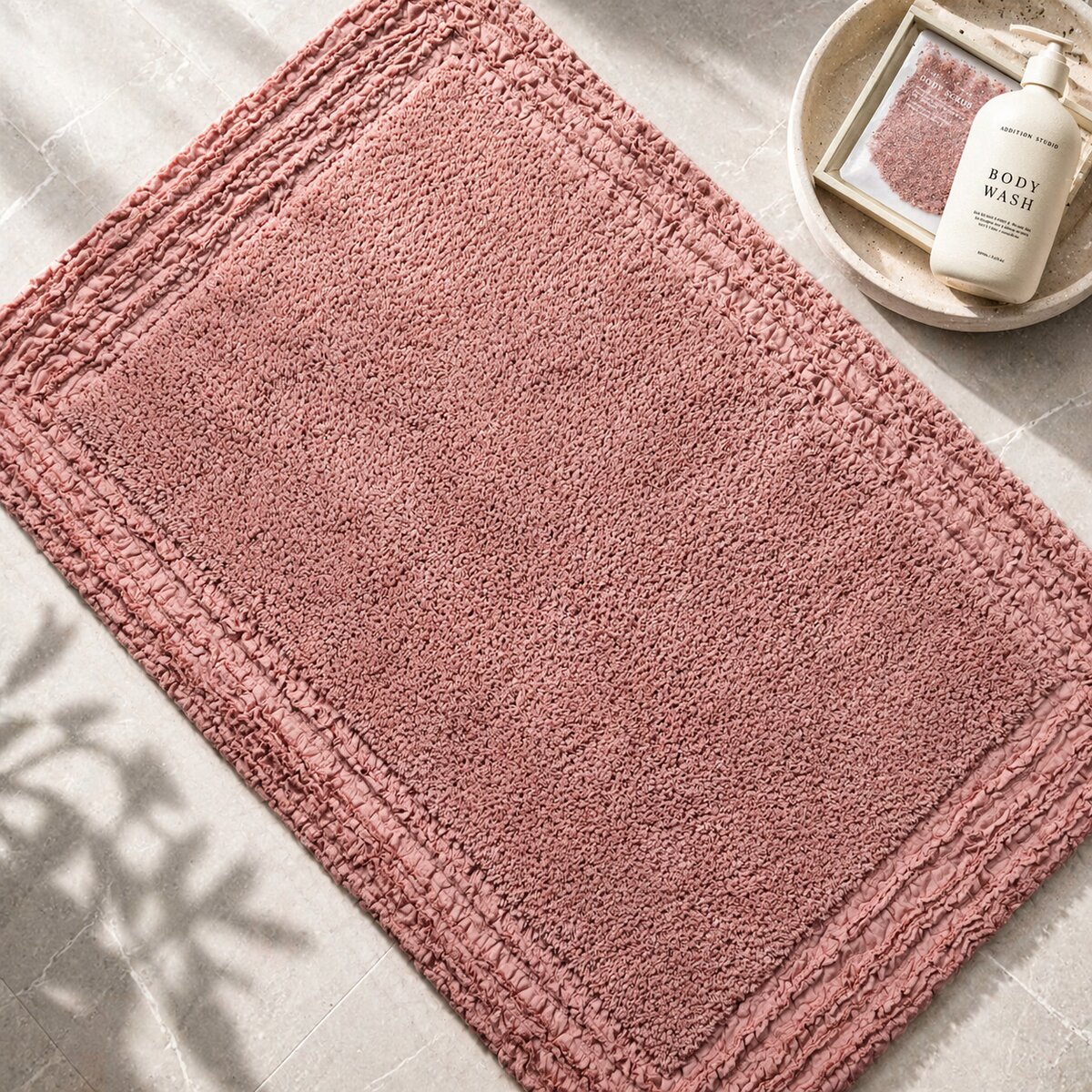 AH-BT-BM-020 Dusty Rose Solid Cotton Bathmat with Double Ruffle Border