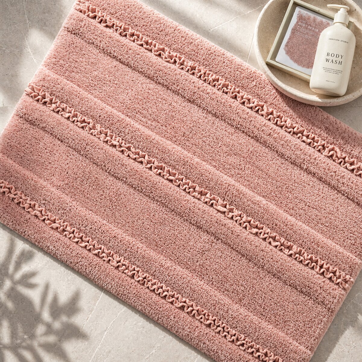 AH-BT-BM-021 Pink Tonal Stripe Cotton Bathmat with Ruched Detail