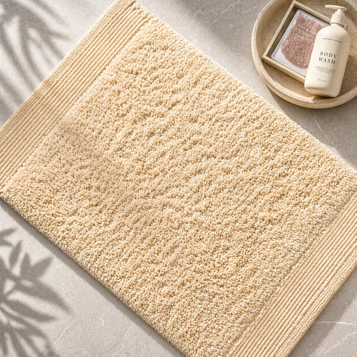 AH-BT-BM-022 Natural Cream Plush Cotton Bathmat with Ribbed Border