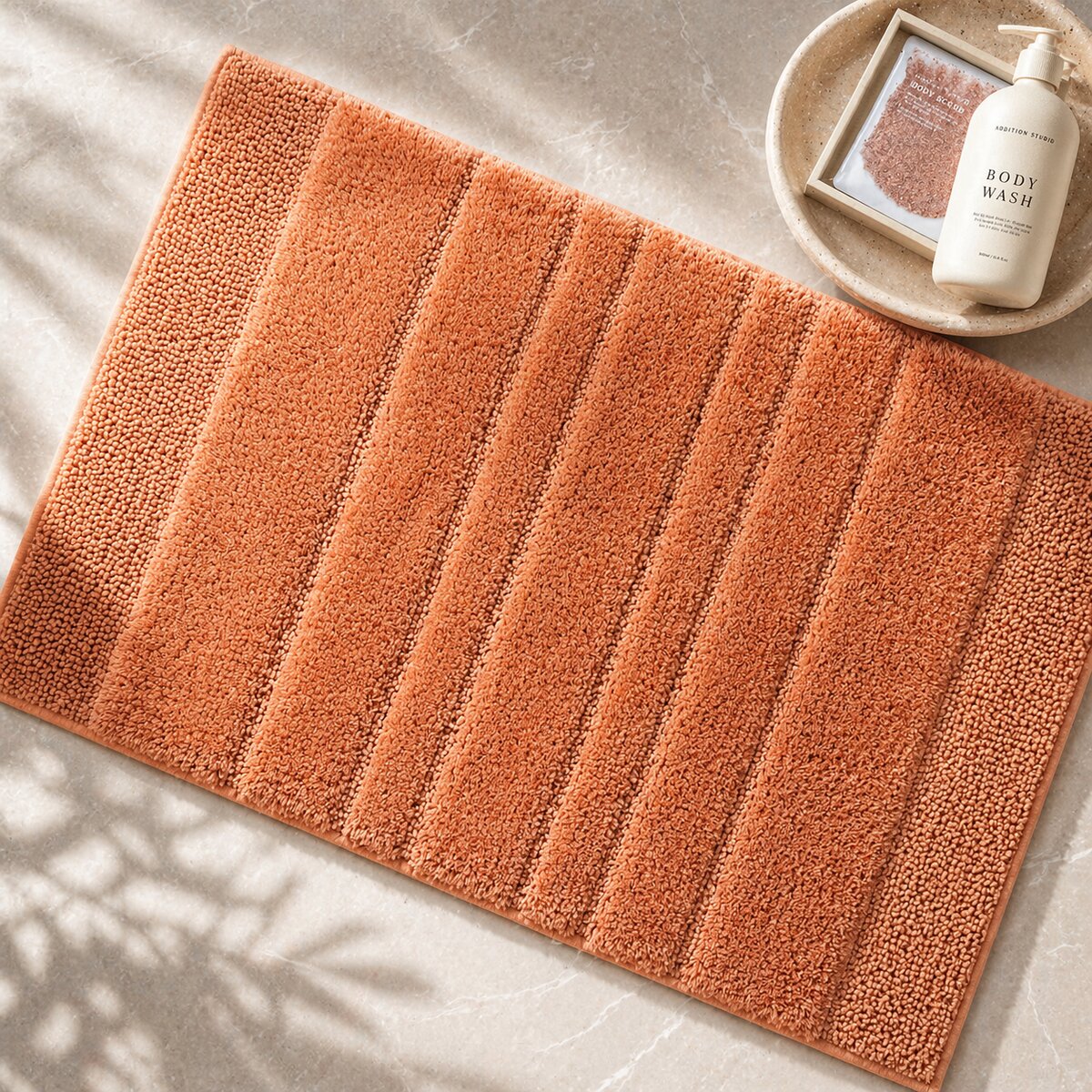 AH-BT-BM-023 Terracotta Vertical Stripe Cotton Bathmat