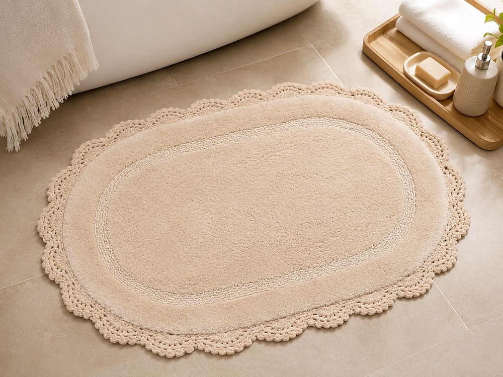AH-BT-CM-001 Ivory Oval Crochet-Edge Bath Mat — cotton bath mat manufactured by Abhi Home, India