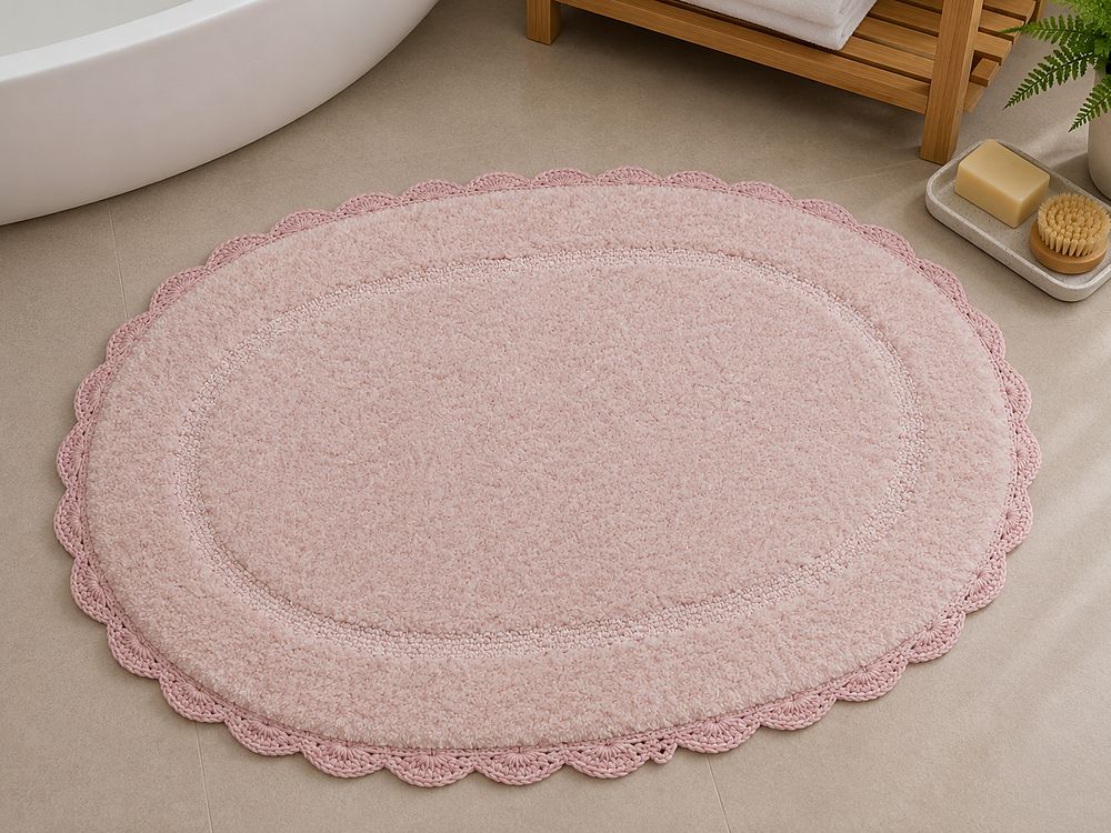 AH-BT-CM-002 Blush Oval Crochet-Edge Bath Mat — cotton bath mat manufactured by Abhi Home, India