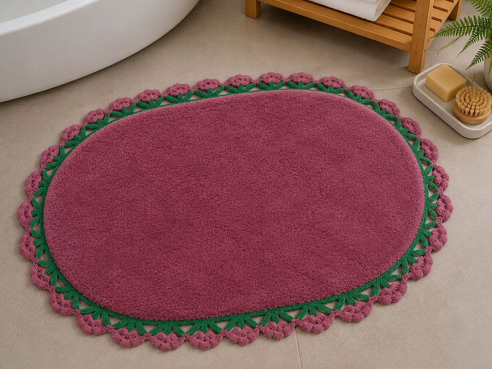 AH-BT-CM-003 Rose Oval Crochet-Edge Bath Mat with Floral Trim — cotton bath mat manufactured by Abhi Home, India