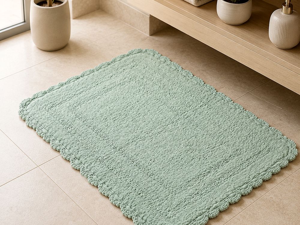 AH-BT-CM-004 Sage Rectangular Crochet-Edge Bath Mat — cotton bath mat manufactured by Abhi Home, India