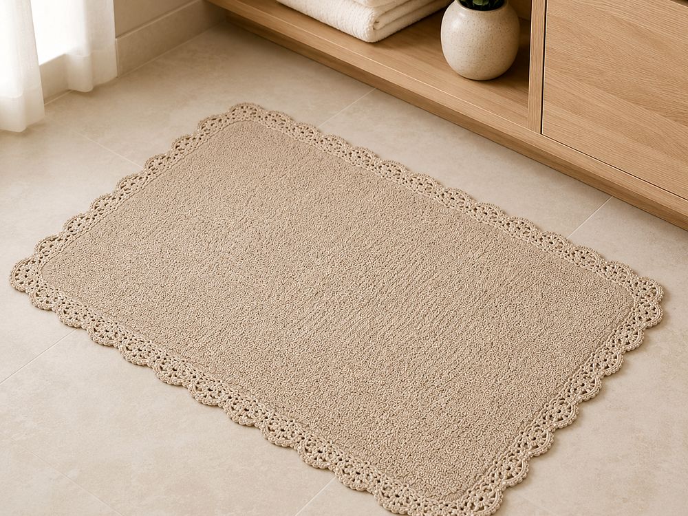 AH-BT-CM-005 Sand Rectangular Crochet-Edge Bath Mat — cotton bath mat manufactured by Abhi Home, India