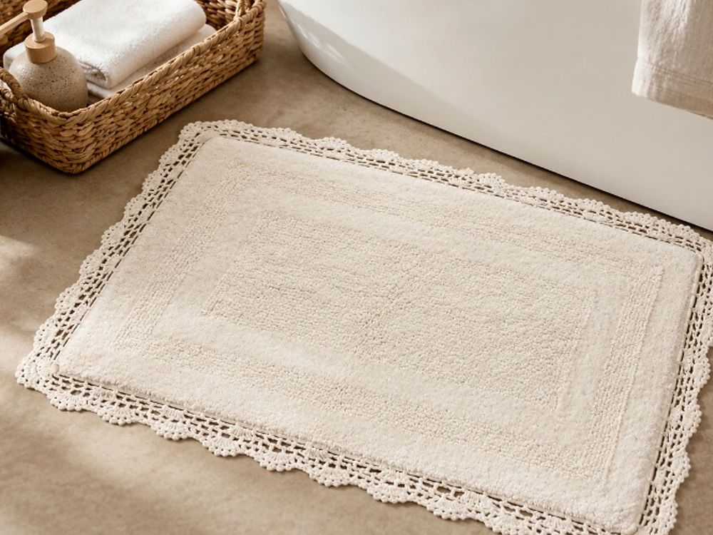 AH-BT-CM-007 Ivory Rectangular Crochet-Lace Bath Mat — cotton bath mat manufactured by Abhi Home, India
