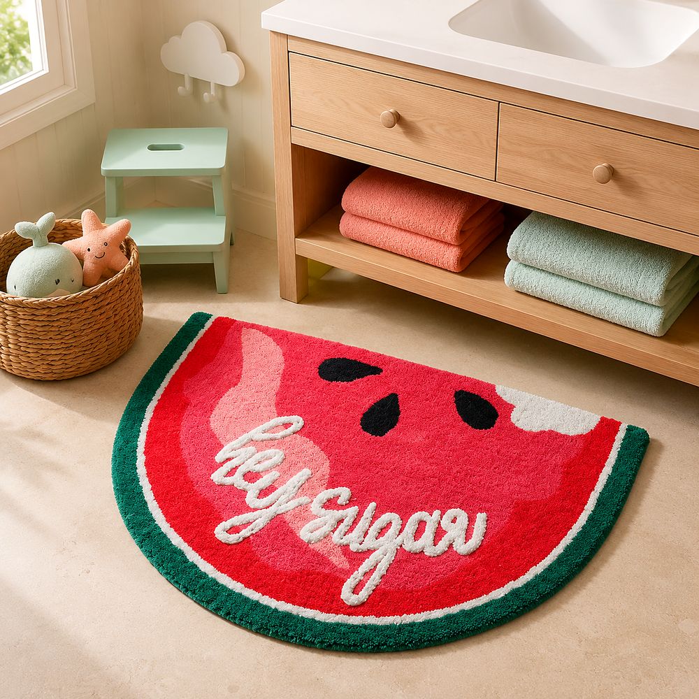 AH-BT-KM-003 Watermelon Slice Kids' Bath Mat with Lettering — cotton bath mat manufactured by Abhi Home, India