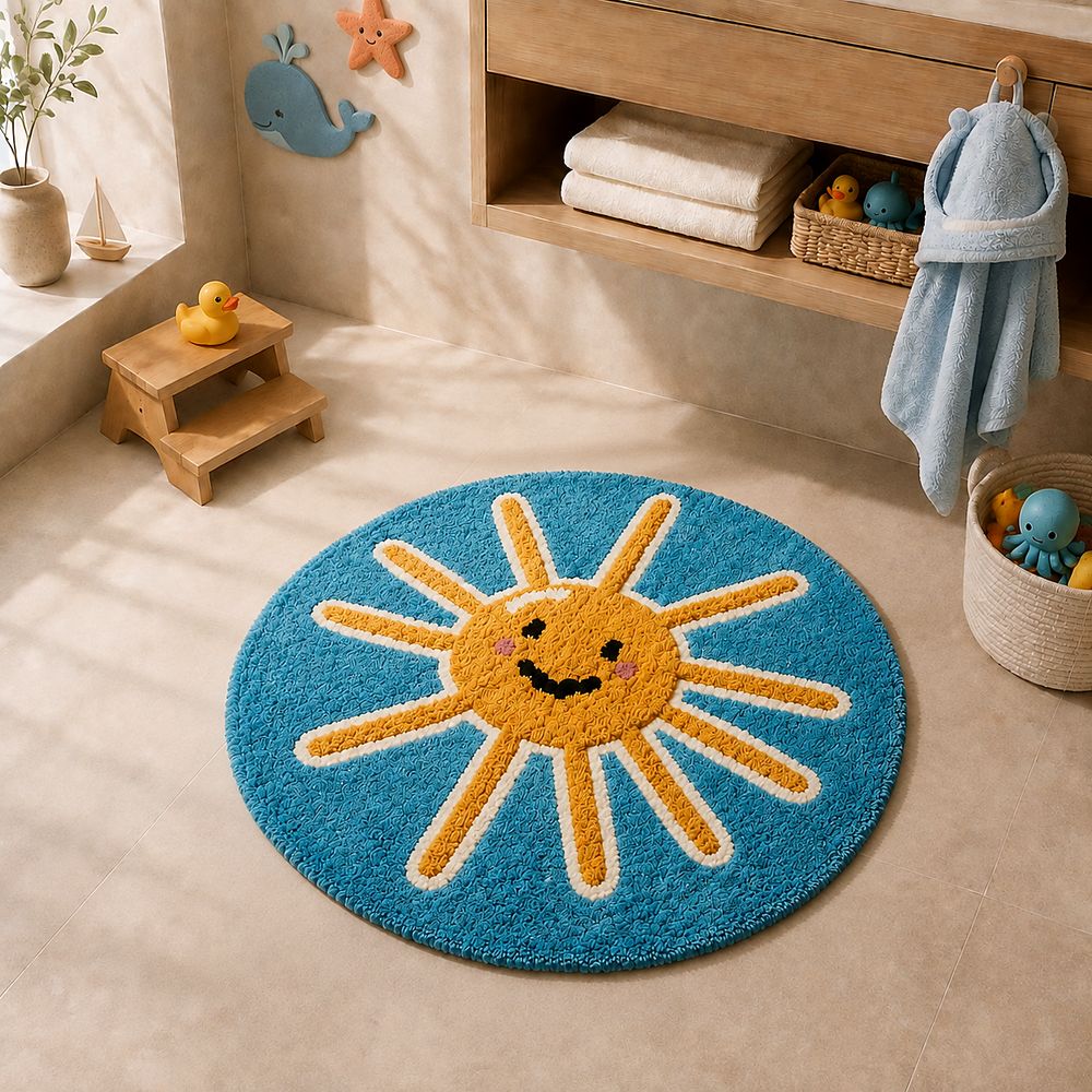 AH-BT-KM-005 Smiling Sun Round Kids' Bath Mat — cotton bath mat manufactured by Abhi Home, India
