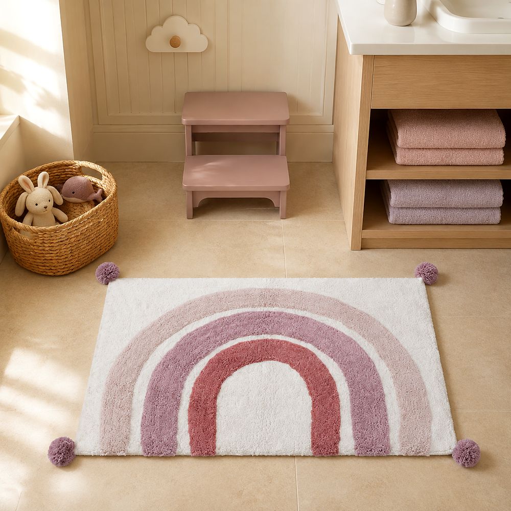 AH-BT-KM-006 Rainbow Kids' Bath Mat with Pom-Pom Corners — cotton bath mat manufactured by Abhi Home, India