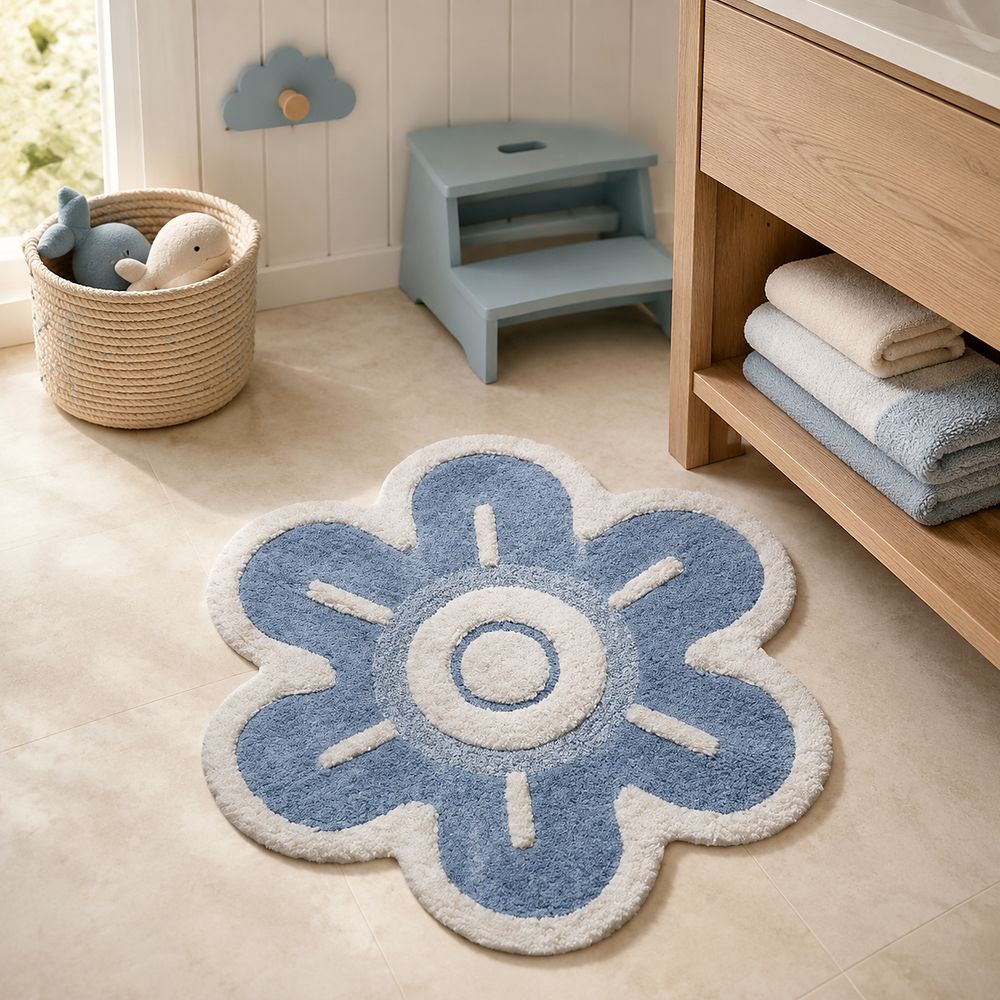 AH-BT-KM-007 Blue Daisy Kids' Bath Mat — cotton bath mat manufactured by Abhi Home, India
