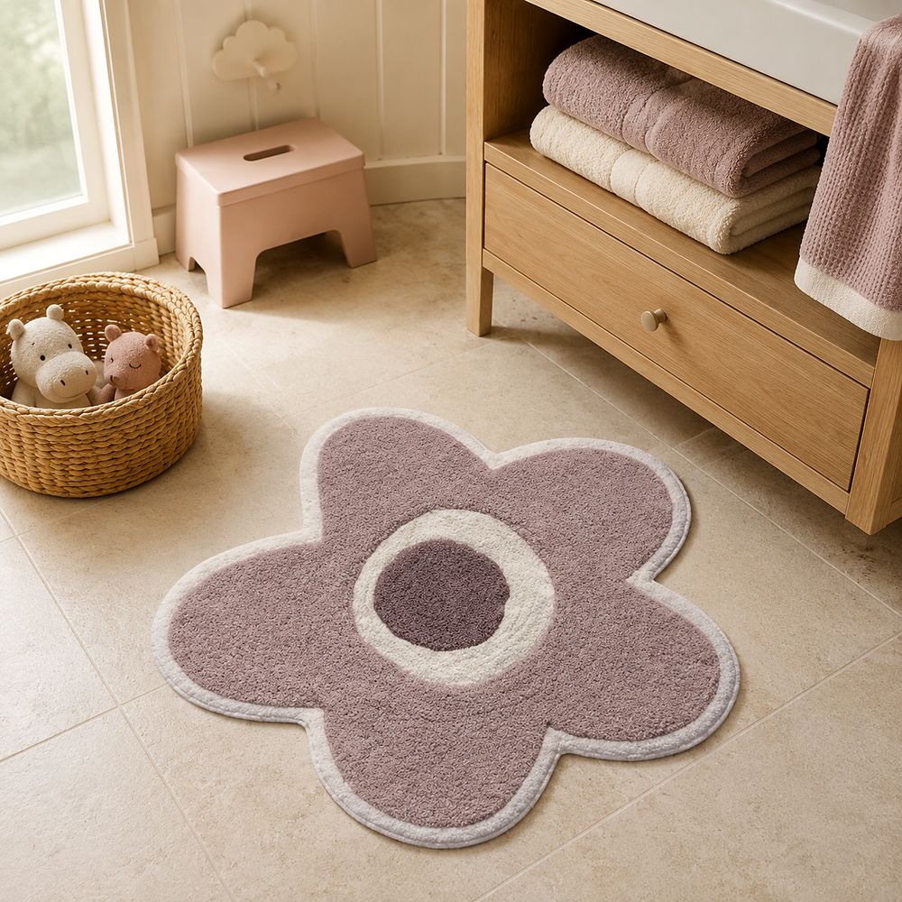 AH-BT-KM-008 Mauve Daisy Kids' Bath Mat — cotton bath mat manufactured by Abhi Home, India