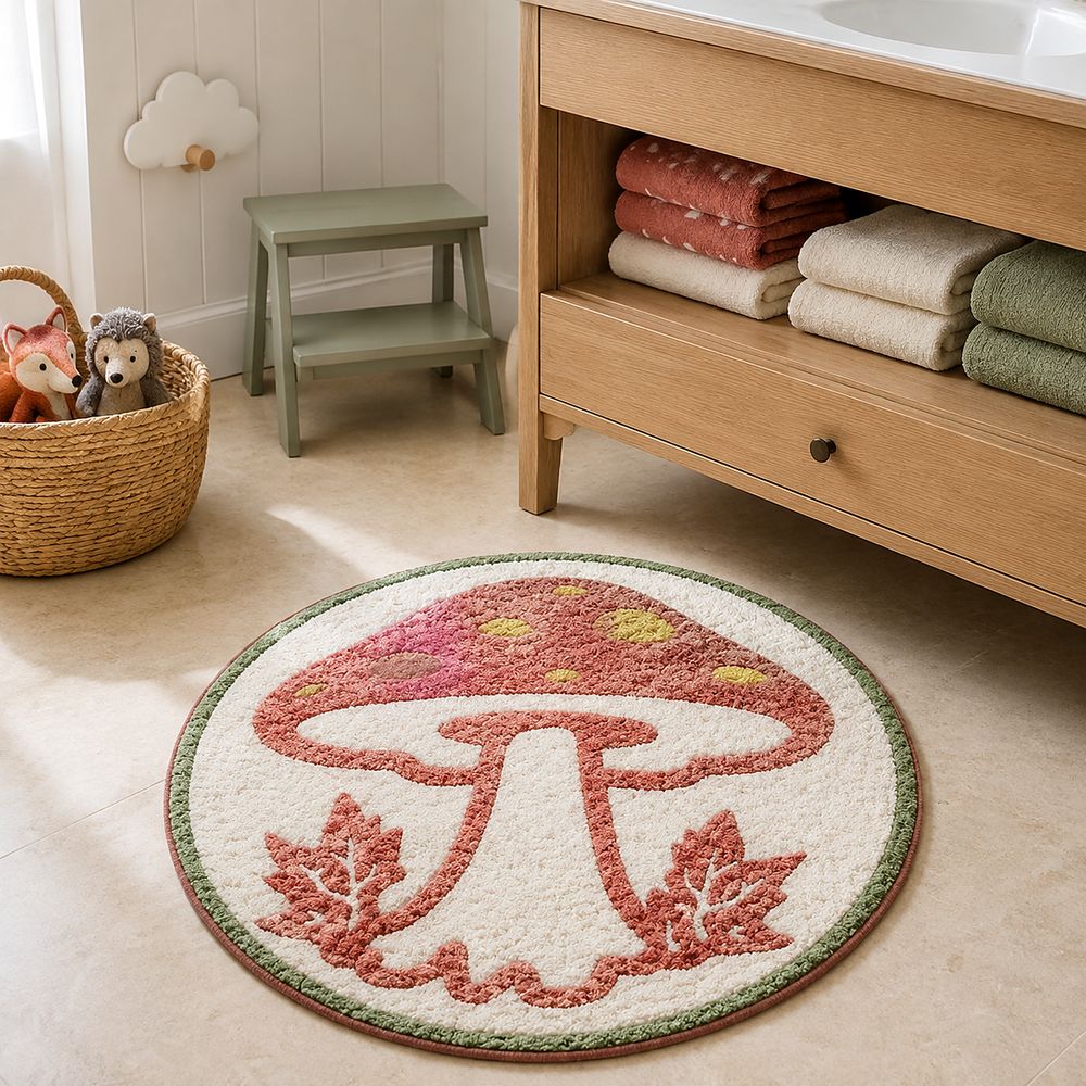 AH-BT-KM-010 Toadstool Round Kids' Bath Mat — cotton bath mat manufactured by Abhi Home, India
