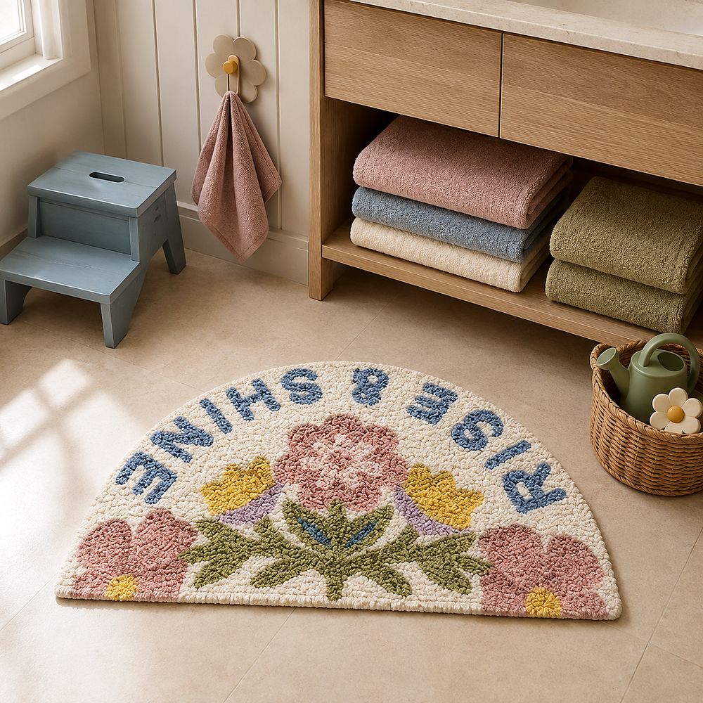 AH-BT-KM-011 Rise & Shine Floral Kids' Bath Mat — cotton bath mat manufactured by Abhi Home, India