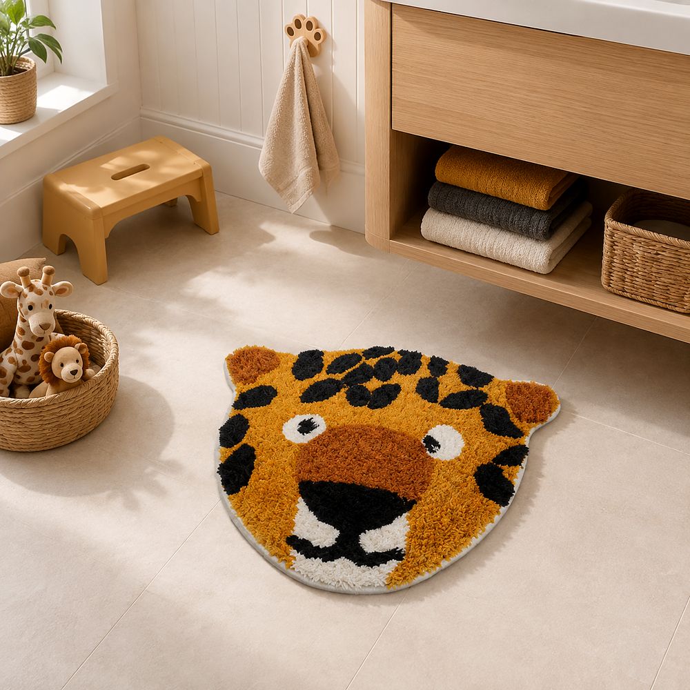 AH-BT-KM-014 Leopard Face Kids' Bath Mat — cotton bath mat manufactured by Abhi Home, India