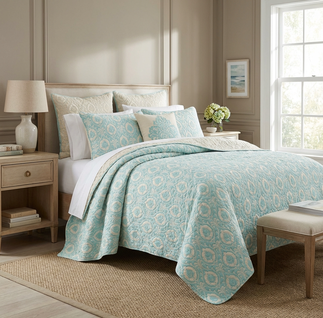 Turquoise matelasse coverlet with ornate jacquard weave and decorative border