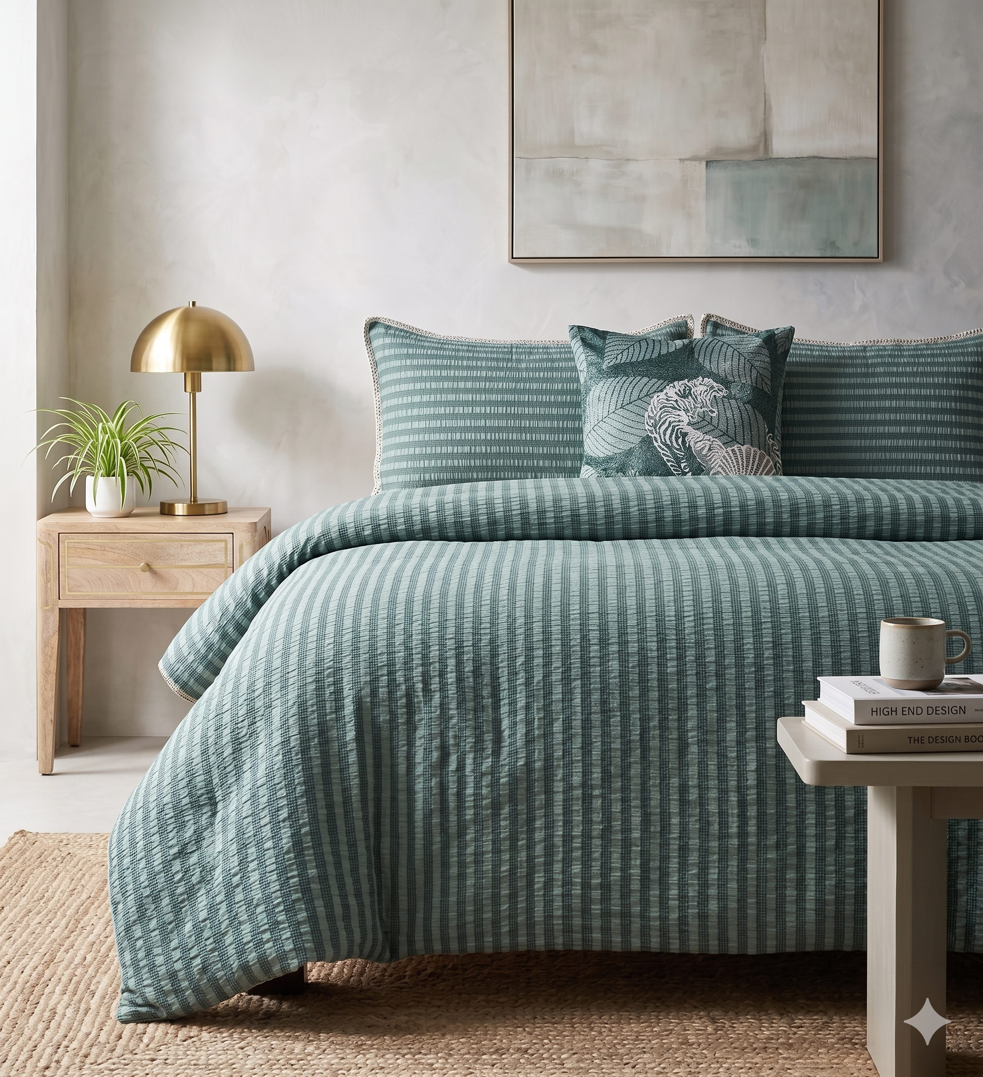 Teal sage blue seersucker stripe coverlet with scalloped edge