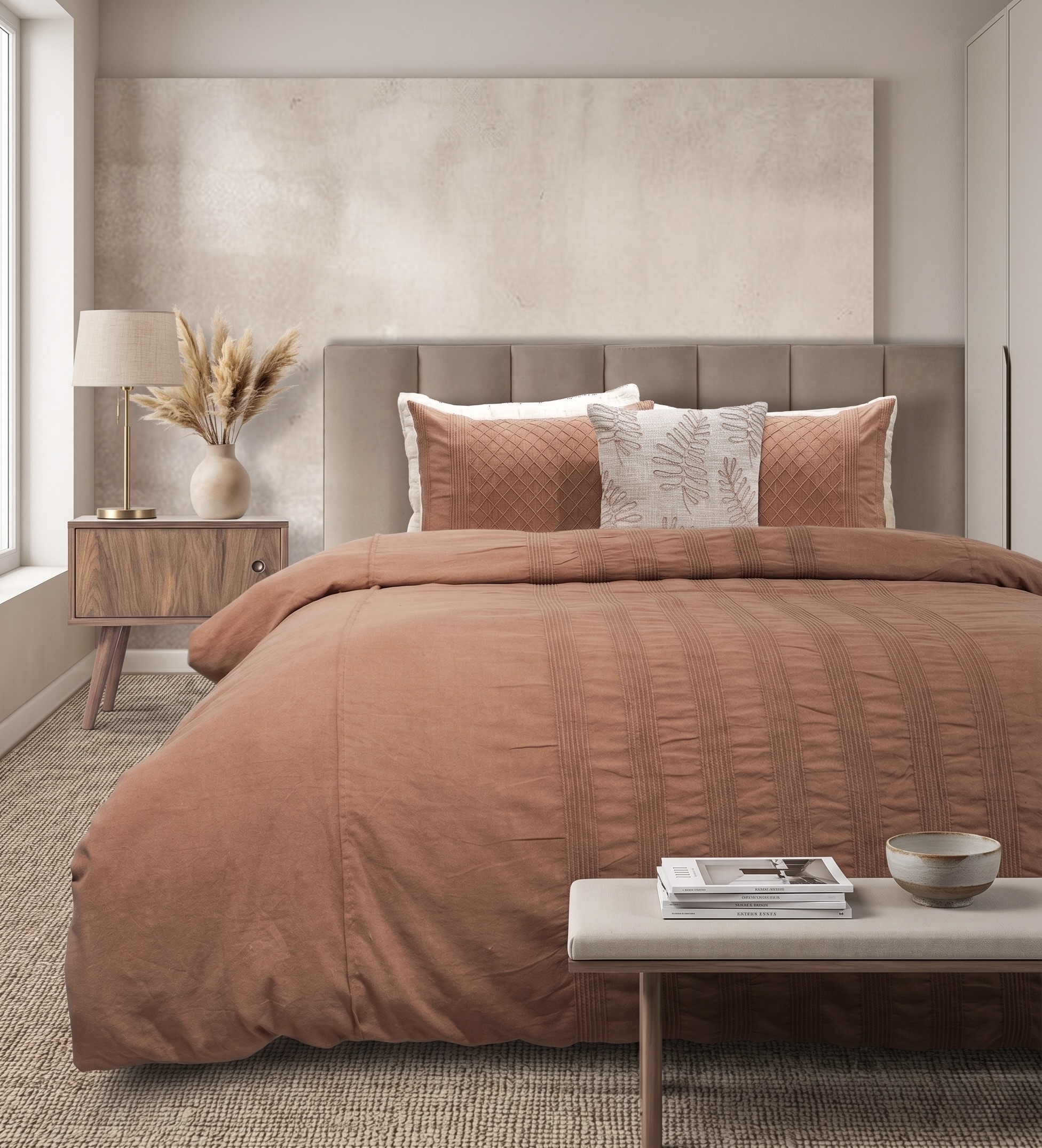 Terracotta rust duvet cover with subtle horizontal pintuck texture