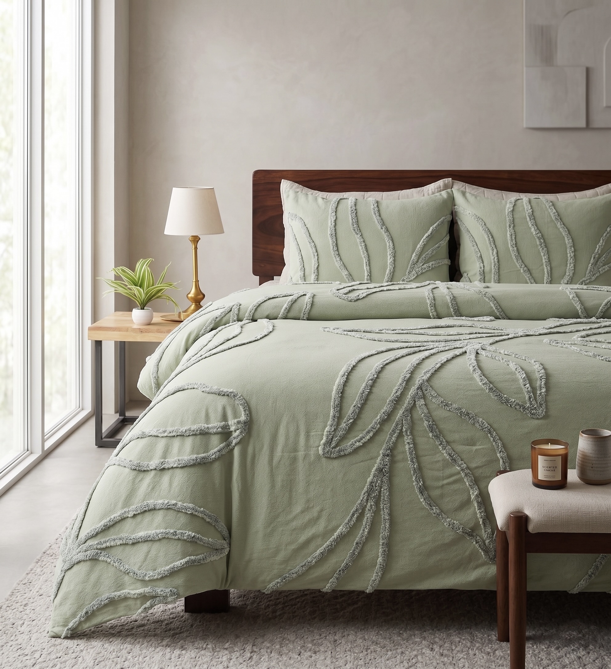Sage green duvet cover with tonal tufted botanical palm leaf design