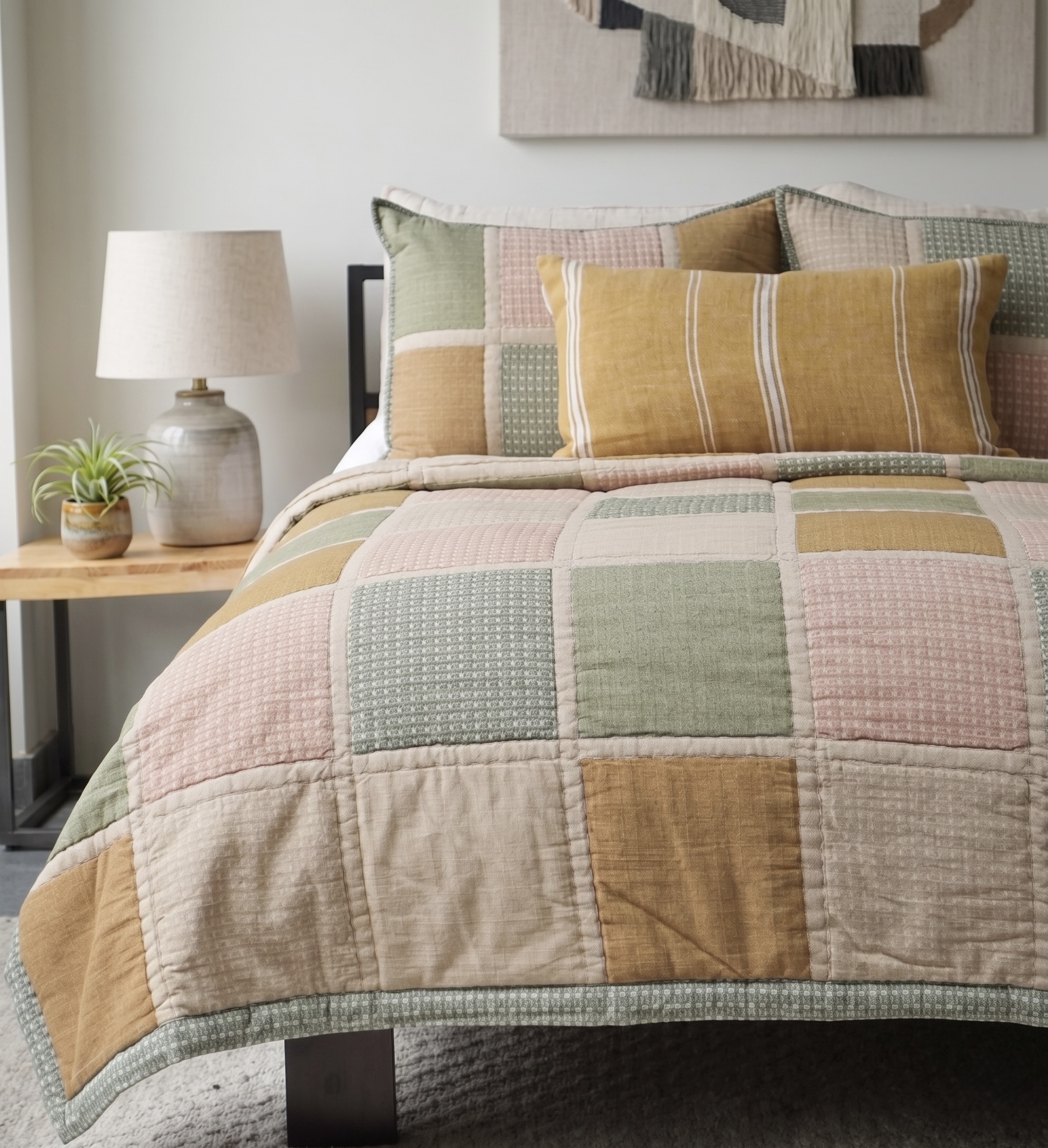 Multi-colour patchwork quilt in blush pink sage green mustard with matching shams