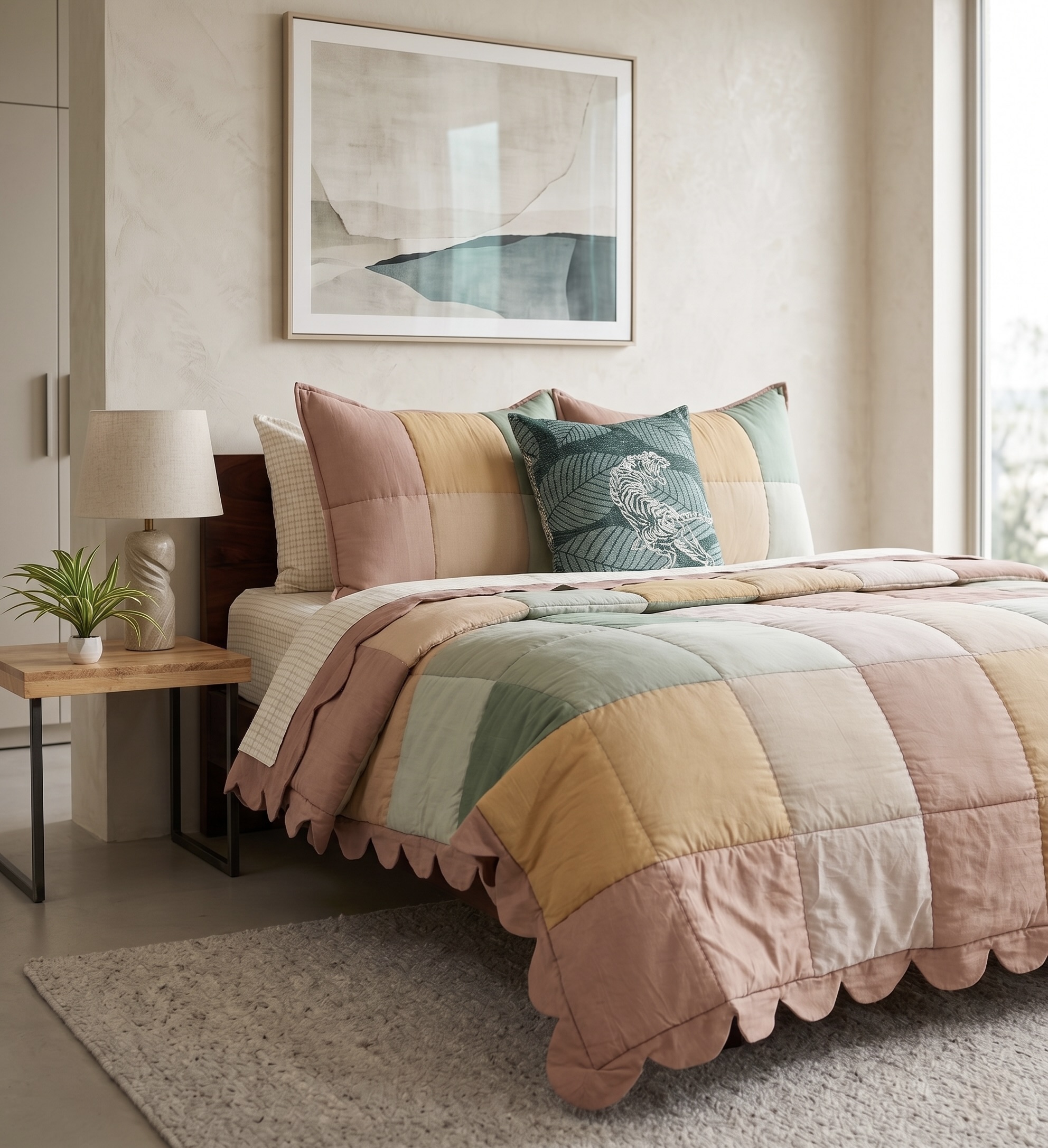 Colour block patchwork quilt with scalloped border in dusty rose terracotta sage mustard