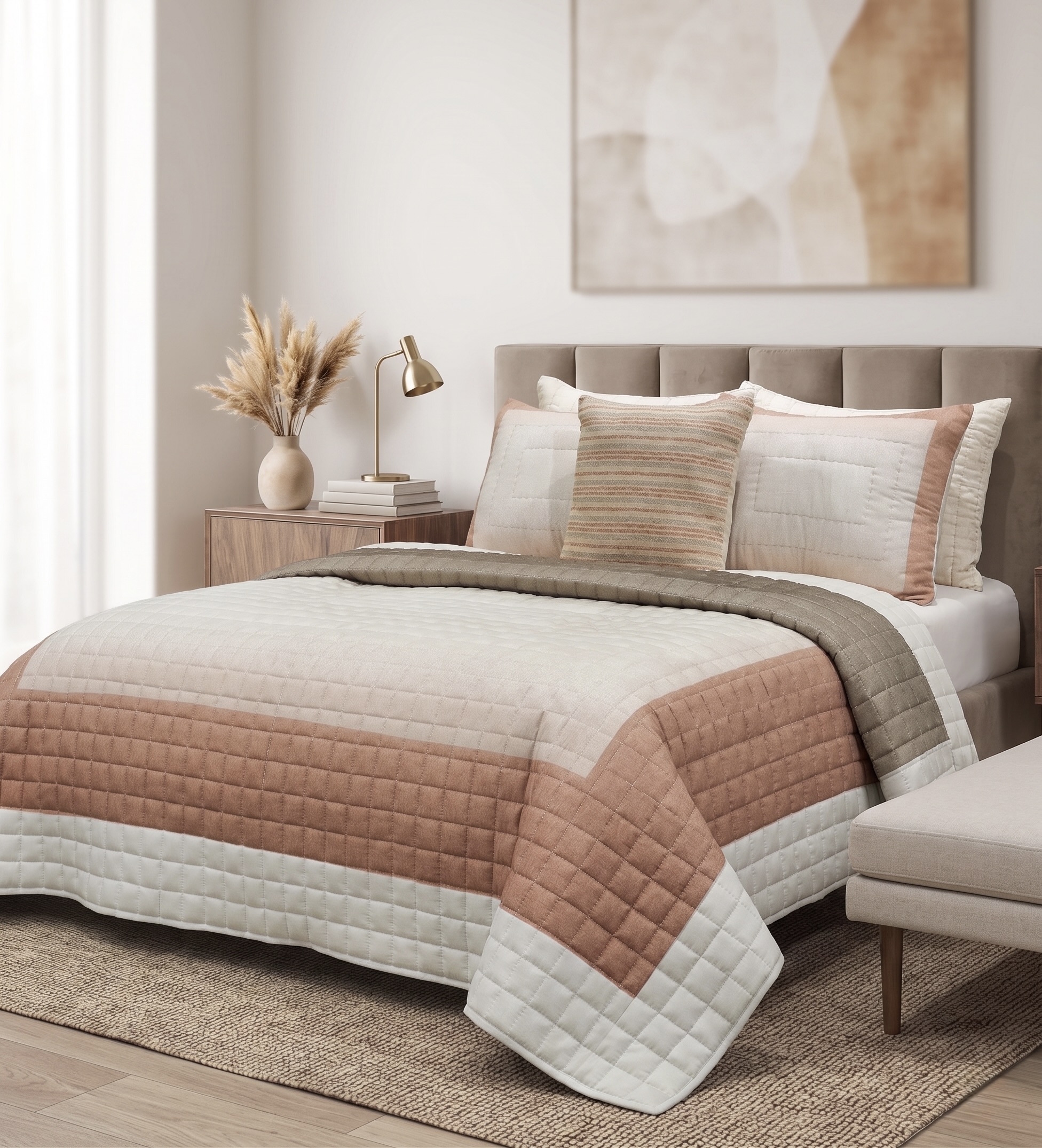 Horizontal stripe quilt in dusty rose blush taupe cream with grid quilting