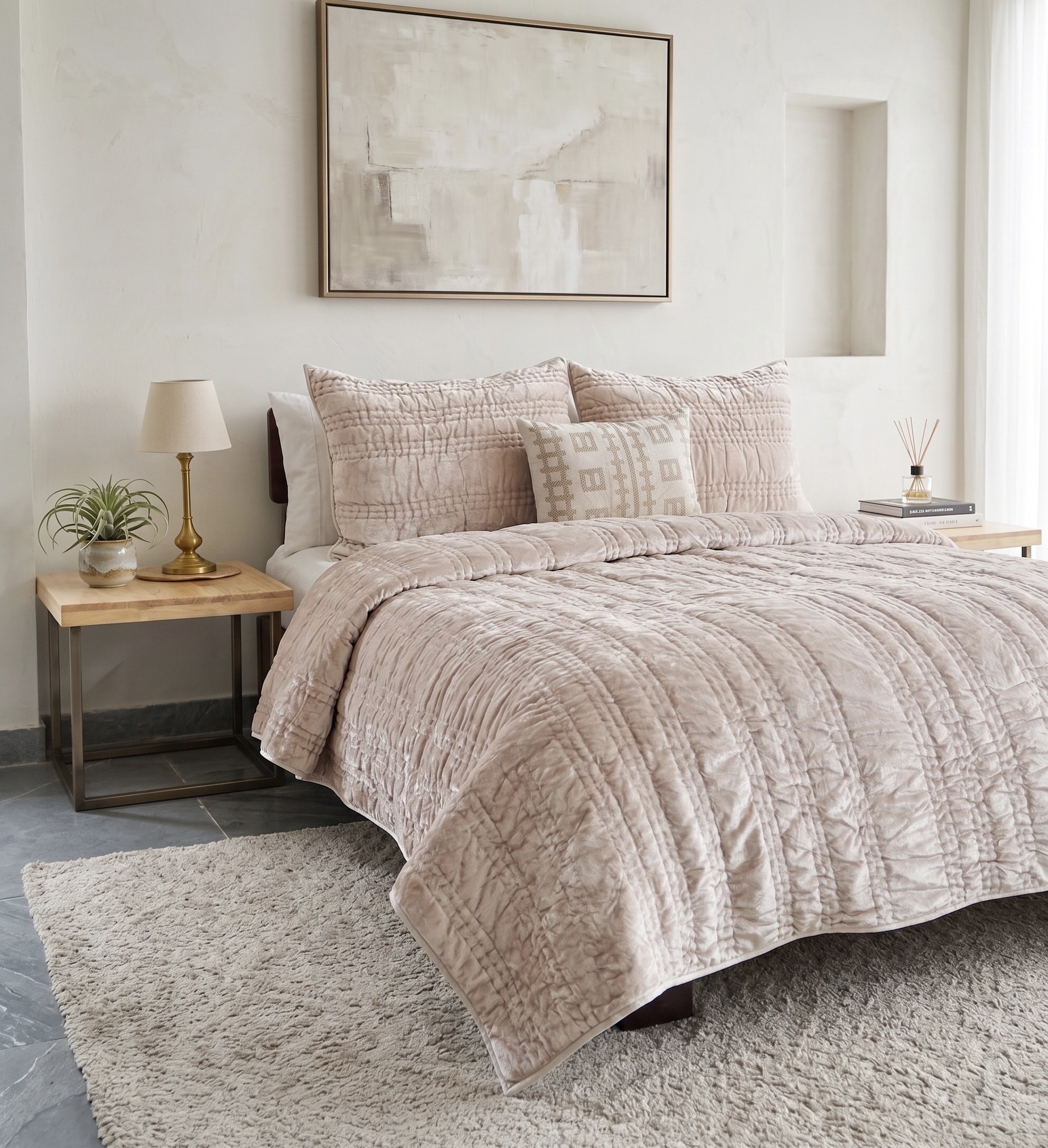 Oversized tone-on-tone beige seersucker abstract geometric printed quilt