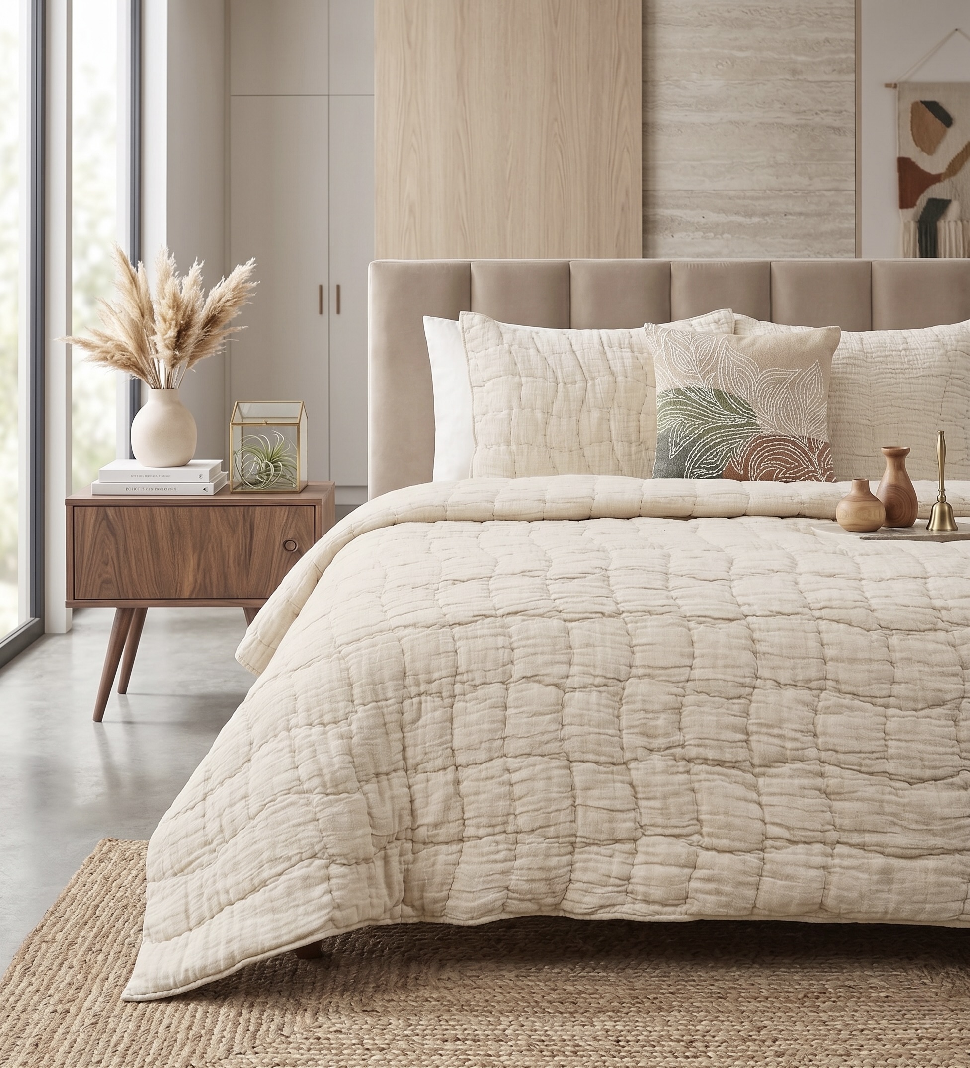 Oversized natural oatmeal crinkled cotton box-stitch quilted bedspread