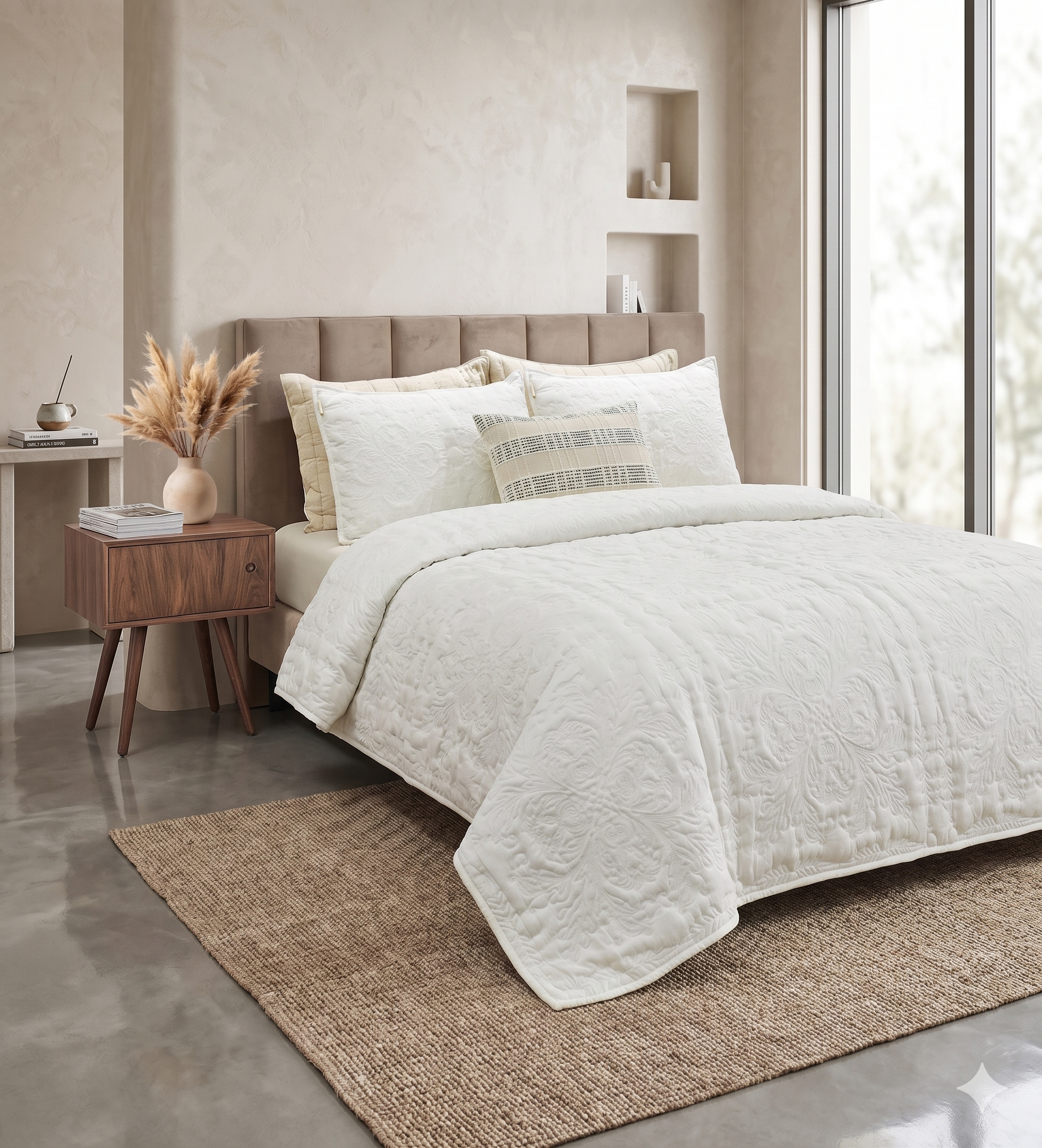 Off-white cream tonal botanical floral quilted bedspread with matching shams