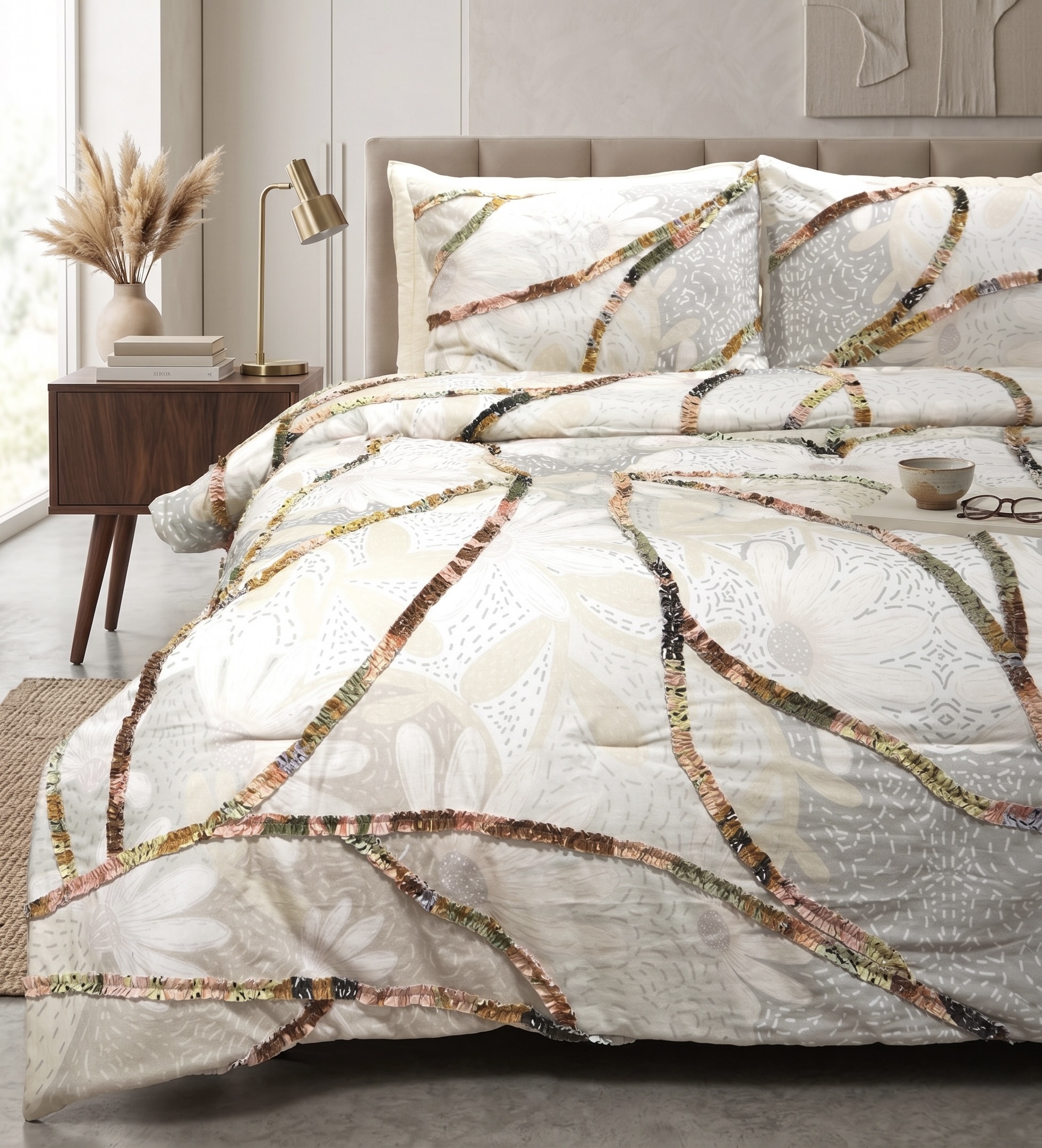 Cream ivory comforter with multicolour swirling patchwork appliqué stripes in terracotta green ochre