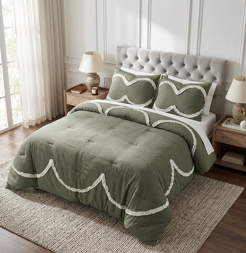 Olive green textured comforter with tonal surface texture and clean finish