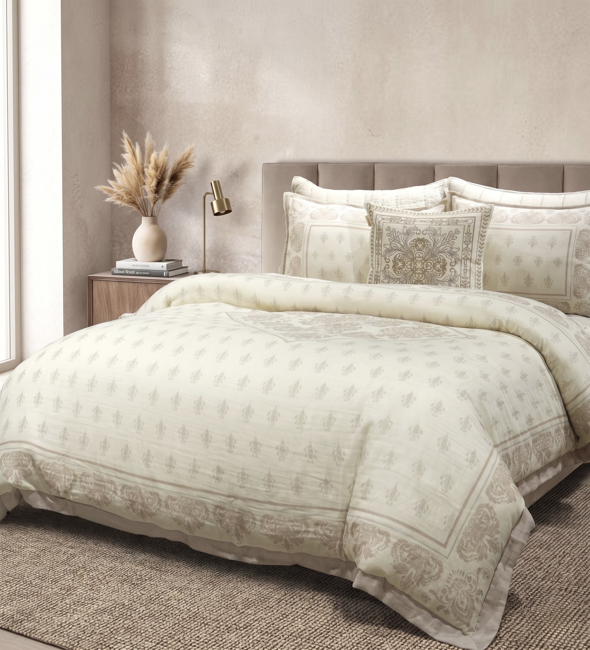 Ivory cream comforter with repeat fleur de lis medallion print in taupe gold with ornate border shams
