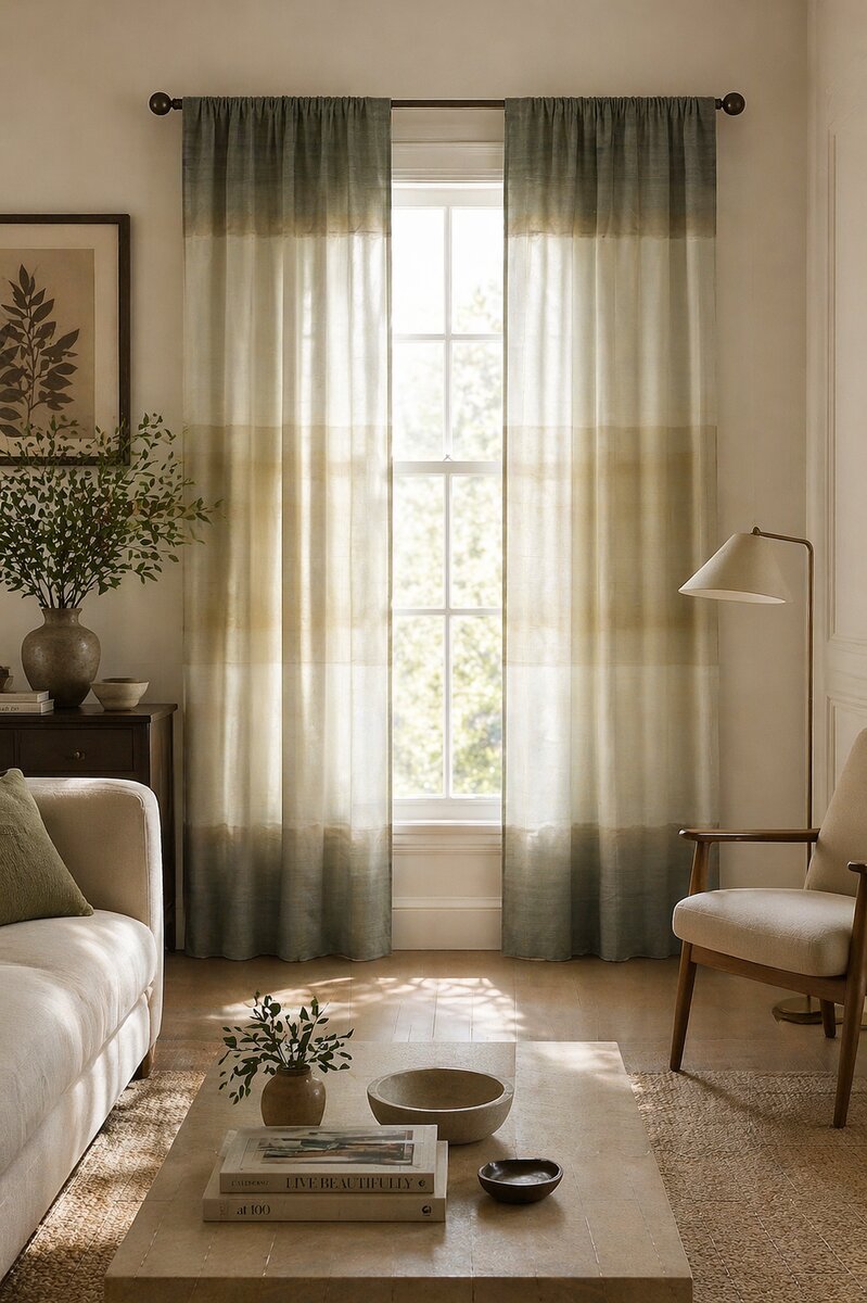 AH-CT-001 Sage and Mustard Colour-Block Dip-Dye Linen Curtain Panel