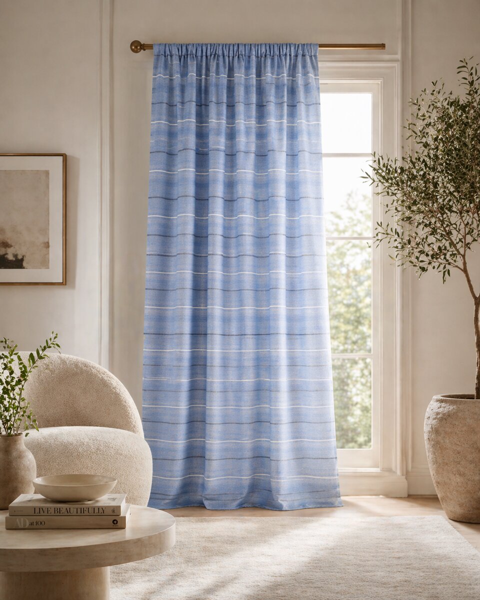 AH-CT-004 Cornflower Blue Irregular Pinstripe Curtain Panel