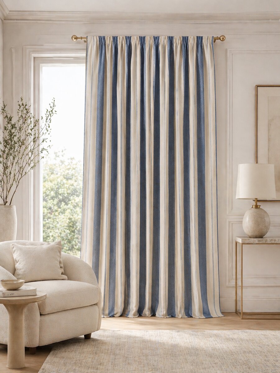 AH-CT-005 Indigo and Natural Wide Stripe Cotton Linen Curtain Panel