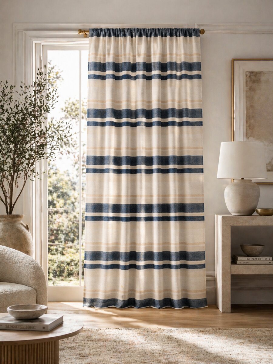 AH-CT-006 Navy and Natural Block Stripe Linen Curtain Panel