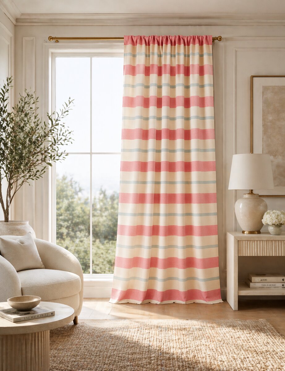 AH-CT-007 Coral and Stone Wide Stripe Cotton Curtain Panel