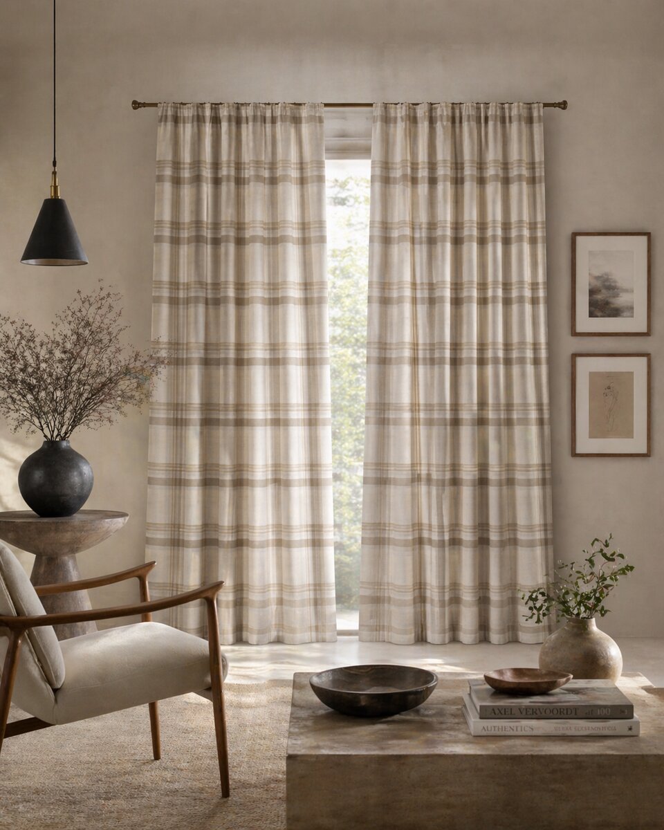 AH-CT-008 Natural and Taupe Plaid Check Linen Curtain Panel
