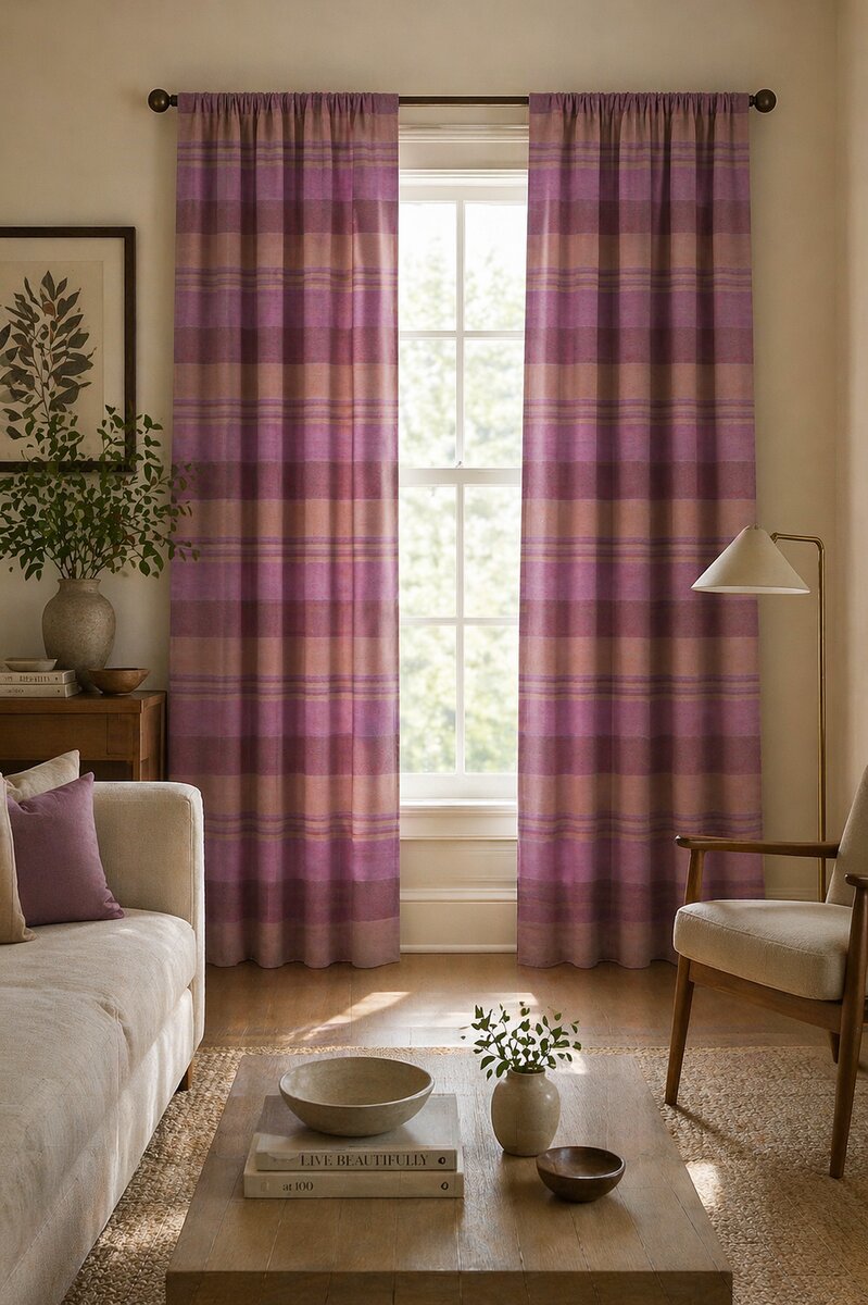 AH-CT-009 Mauve Plum and Rose Plaid Cotton Curtain Panel