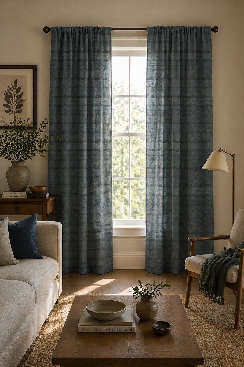 AH-CT-010 Slate Blue Subtle Plaid Linen Curtain Panel