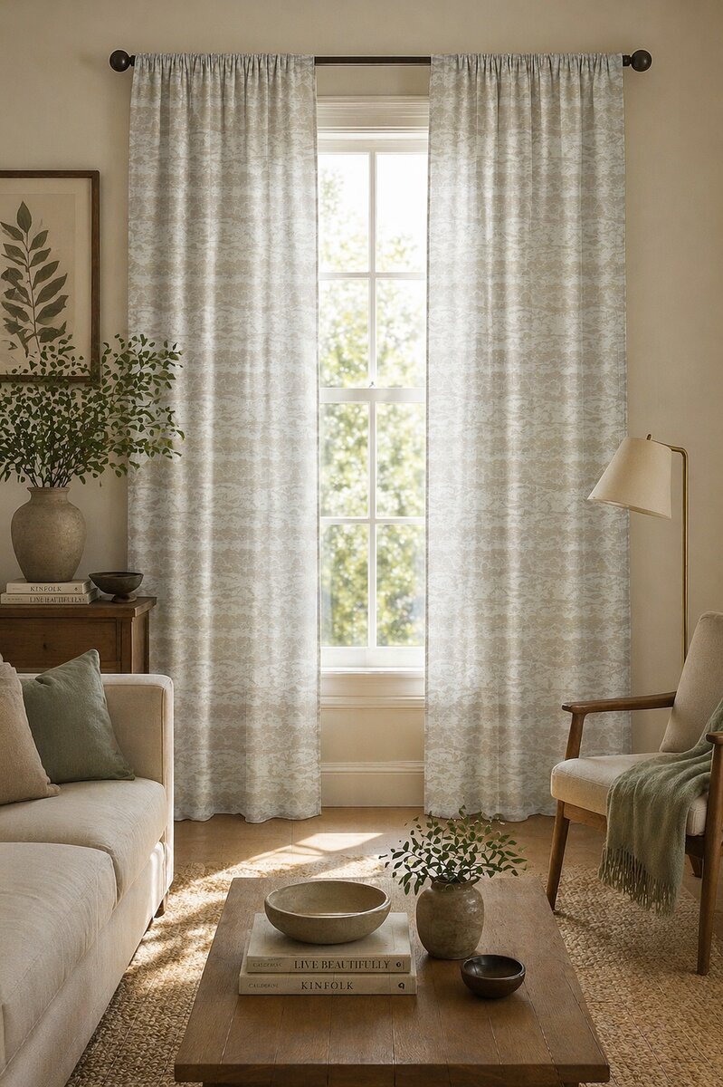 AH-CT-011 Stone and Cream Cloud Print Sheer Linen Curtain Panel