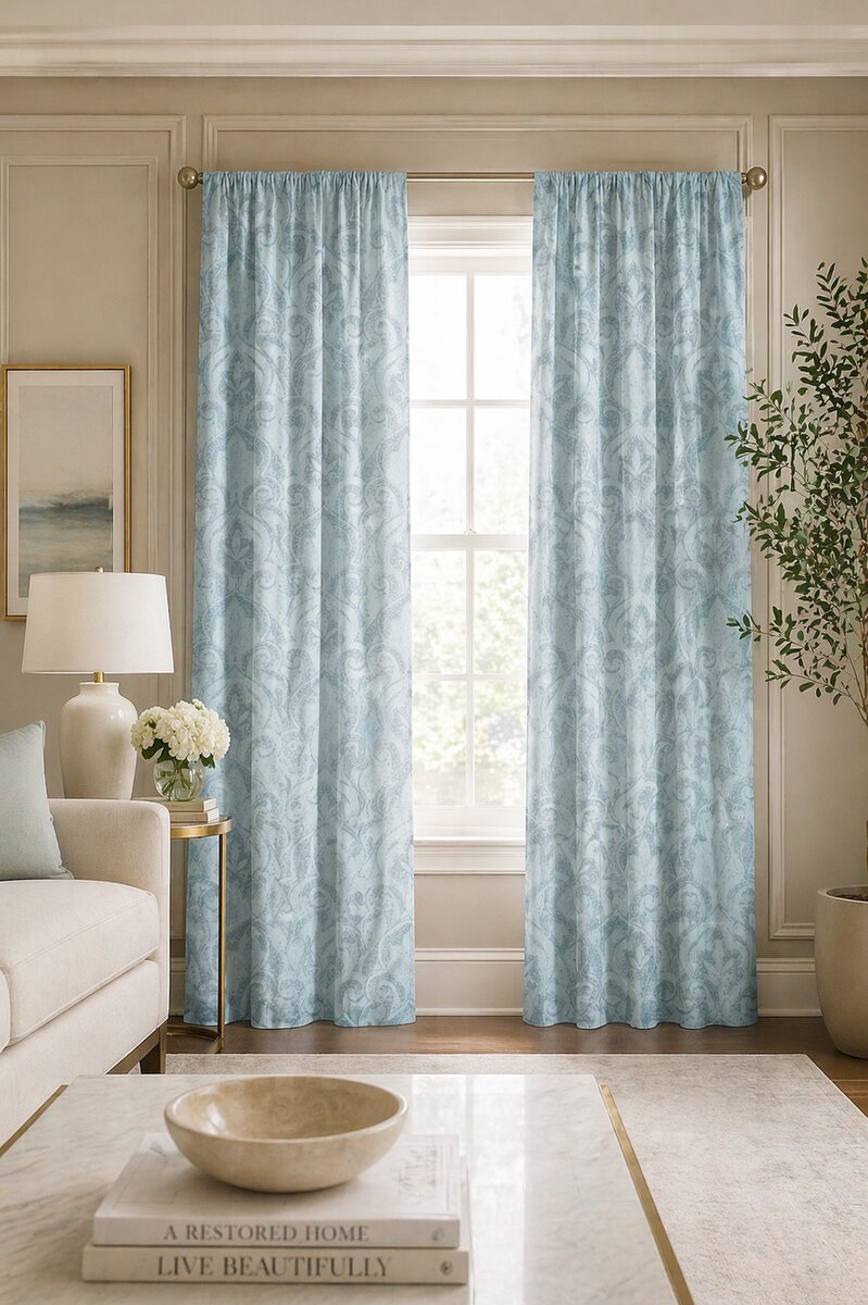 AH-CT-012 Pale Duck Egg Blue Damask Jacquard Curtain Panel
