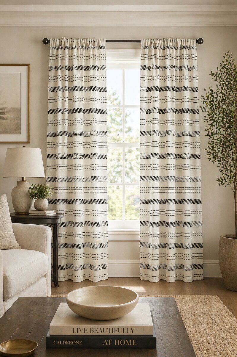 AH-CT-013 Cream Cotton Curtain Panel with Charcoal Woven Dash Stripe