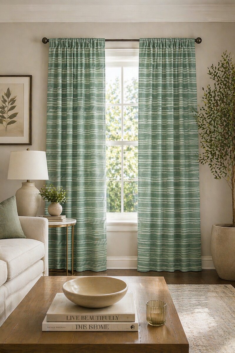 AH-CT-014 Sage Green Washed Stripe Linen Curtain Panel